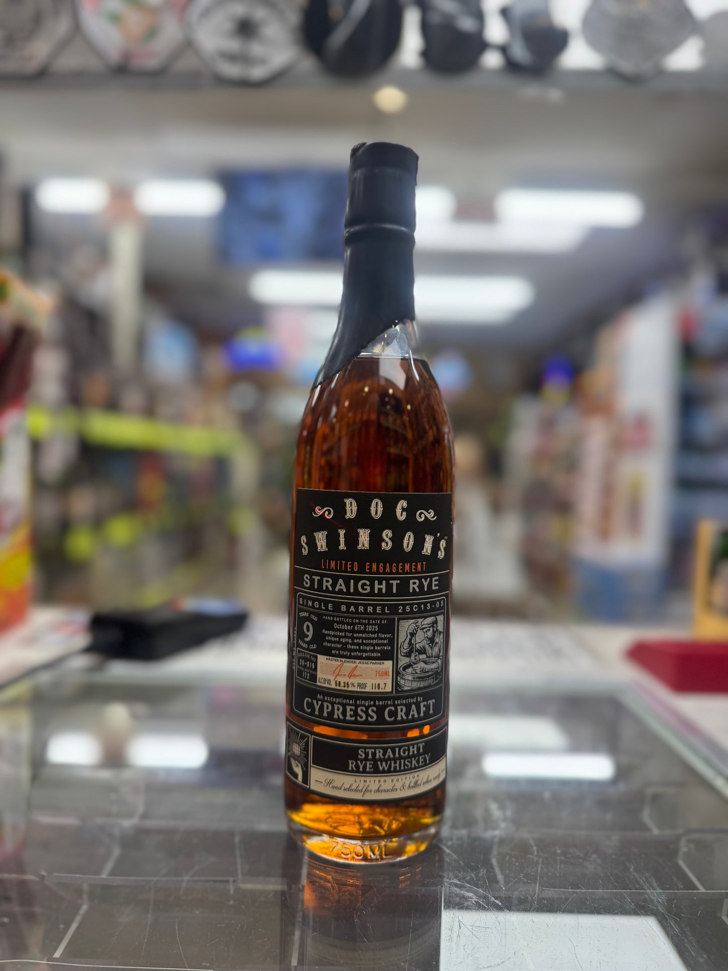Doc Swinson Limited Engagement 9 Year Single Barrel Straight Rye Whiskey “Cypress Craft”