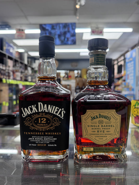 Jack Daniels 12 + Jack Daniels Barrel Proof Rye Whiskey