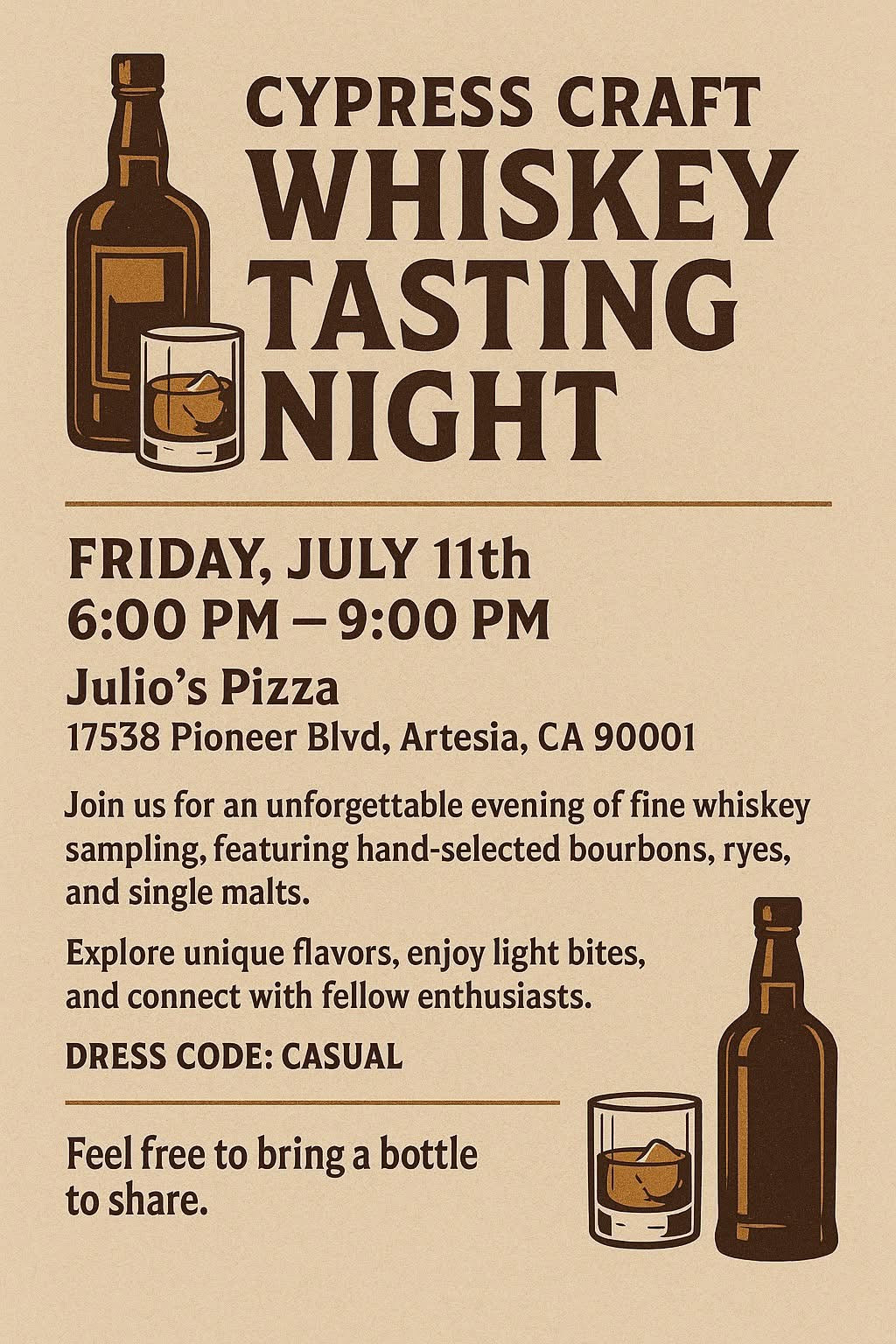 Cypress Craft Whiskey Tasting 7/11 6-9PM